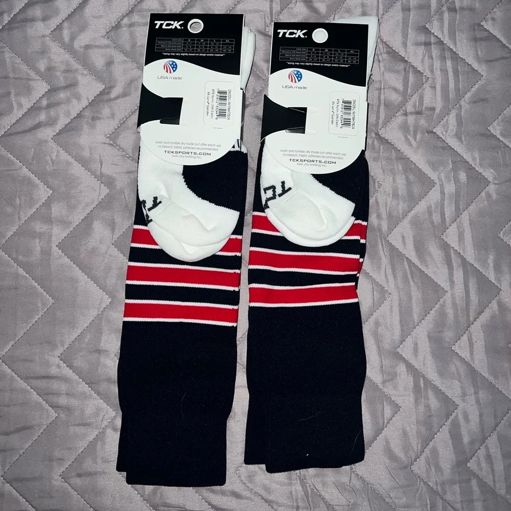 TCK Men's Athletic Crew Socks - 2 pairs Navy w/ Red & White Stripes